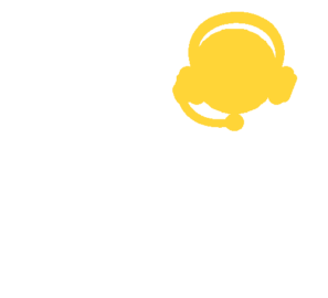 Ikona - żółta głowa w słuchawkach z mikrofonem